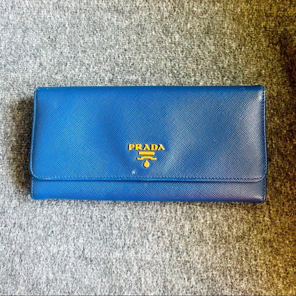 Prada Saffiano Metal Continental Flap Blue Wallet